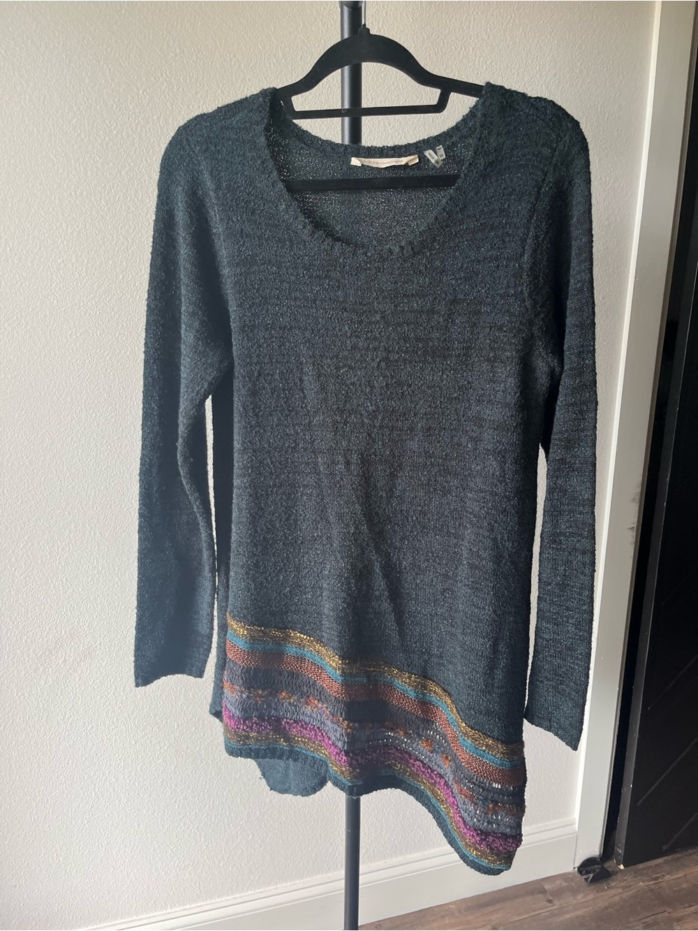 Soft Surroundings Black Scoop Neck Sweater with Multicolor Striped Hem